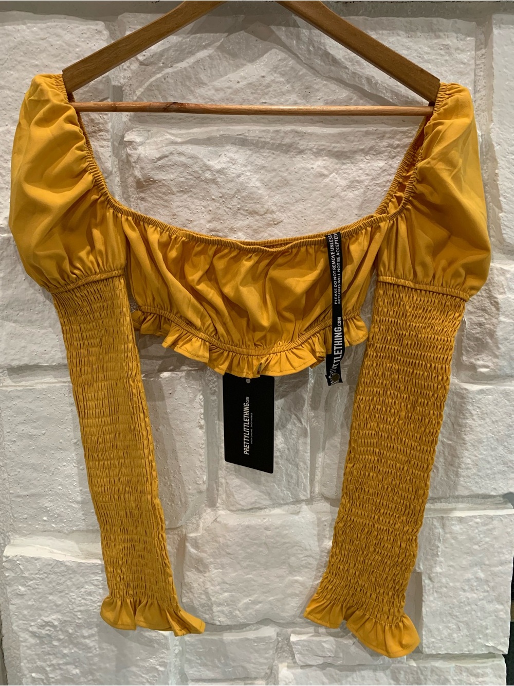 NWT PrettyLittleThing Mustard Yellow Smocked Long Sleeve Crop Top Cottagecore, 0